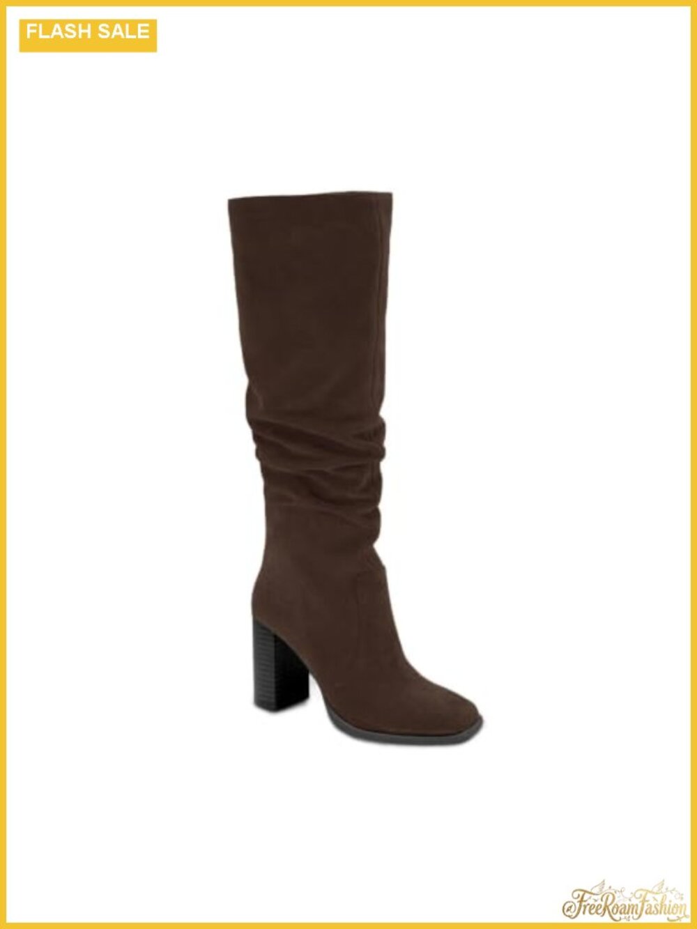 Knee High Boots Chunky High Heel Square Toe Side Zipper Wide Calf Faux Suede